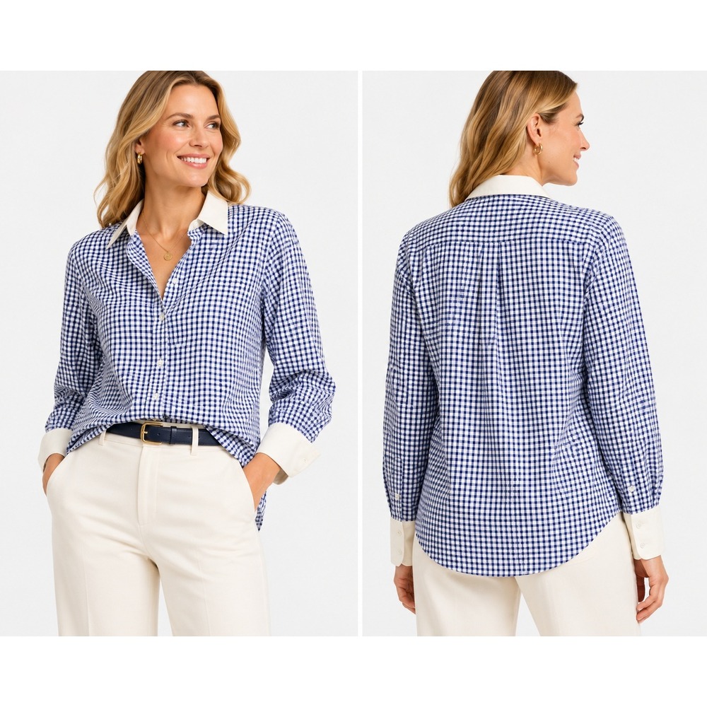 Alain Figaret Shirt Womens 10‎ Blue Gingham Check Contrast Collar French Cuff